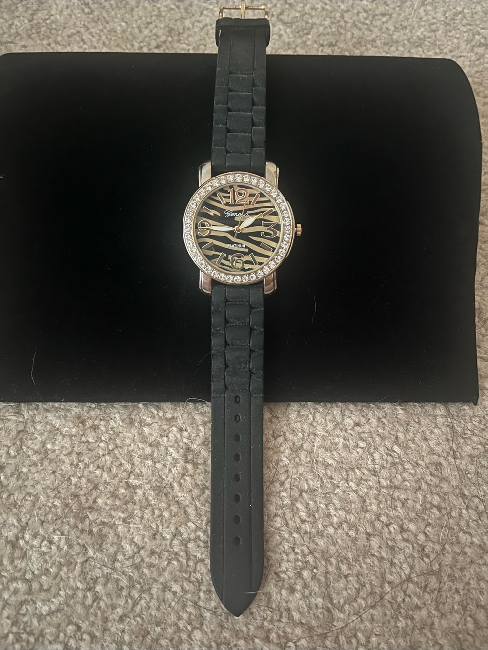Geneva Black Zebra-Print Crystal Bezel Rubber Strap Watch